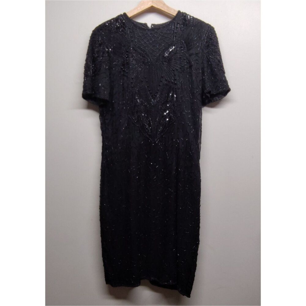 AP Ltd Vintage Mini Dress Women 8 Black Silk Beaded 80's Old Holywood Glam Retro
